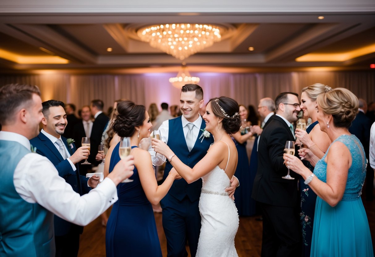 Guests mingling, toasting, and dancing at a wedding reception, with the bride and groom at the center of the celebration