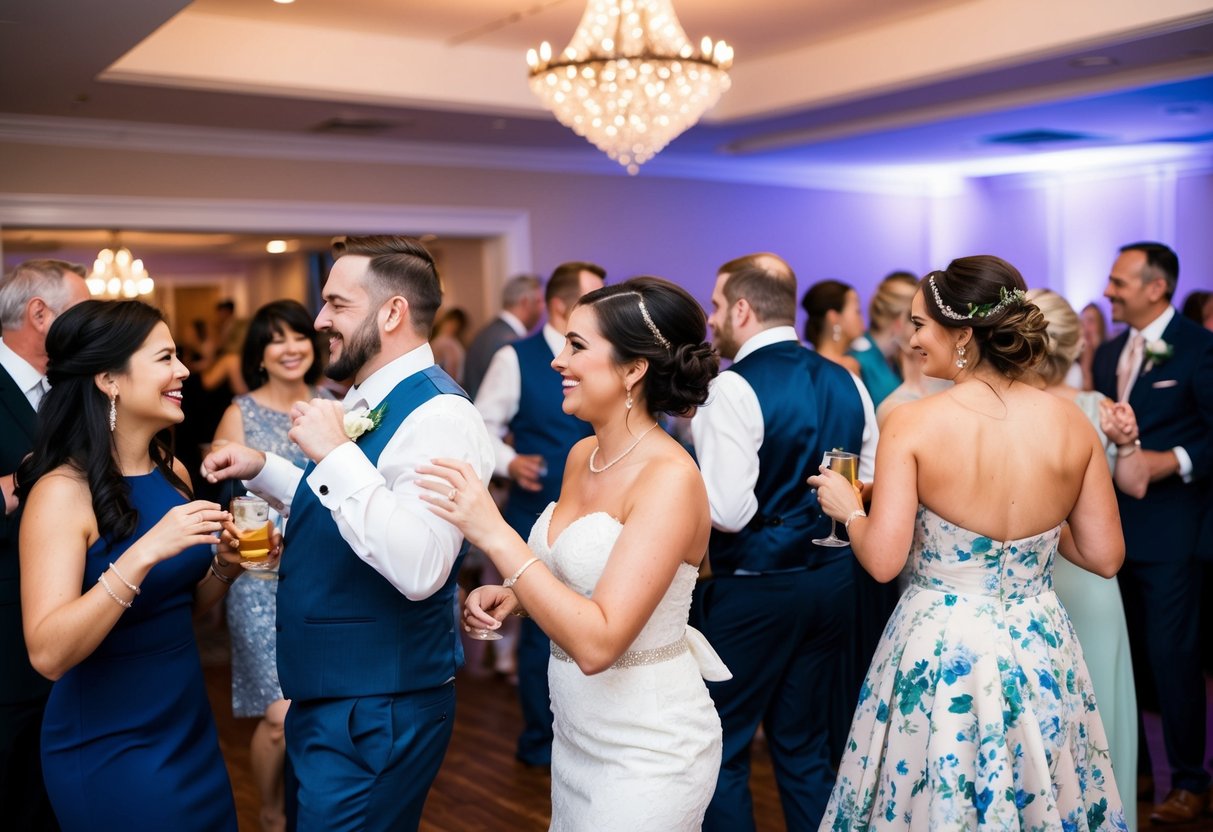 Guests mingling and chatting in a beautifully decorated wedding venue. Some are dancing, while others are enjoying drinks and appetizers. The atmosphere is filled with joy and celebration