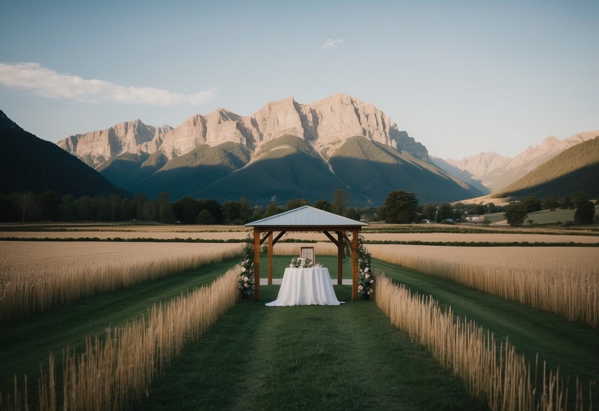 A small wedding venue surrounded by vast open fields and towering mountains, emphasizing the intimate nature of the event