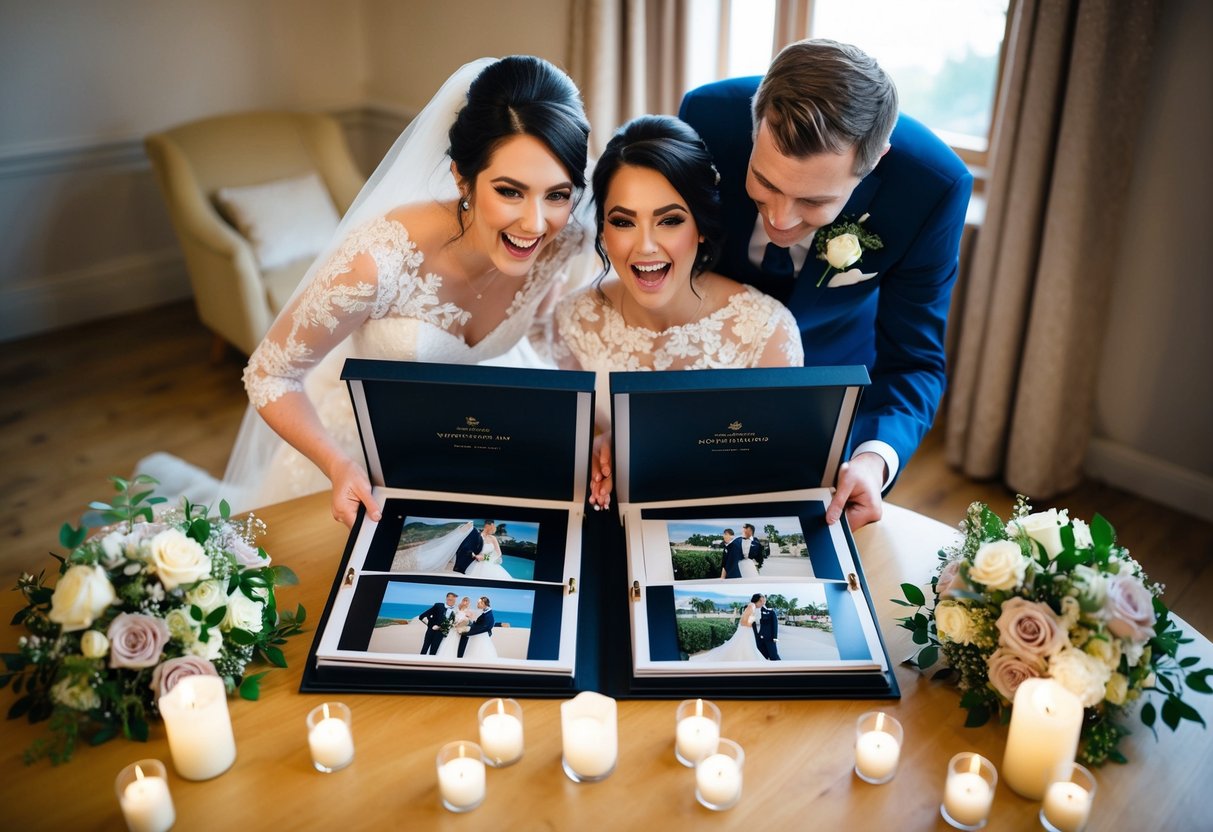 A newlywed couple eagerly opens a package containing their wedding photos, displayed in a beautiful album on a table surrounded by flowers and candles