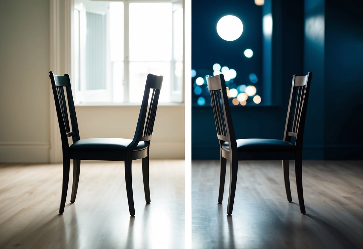 Two empty chairs facing each other, one in a bright, sunlit room and the other in a dim, moonlit room