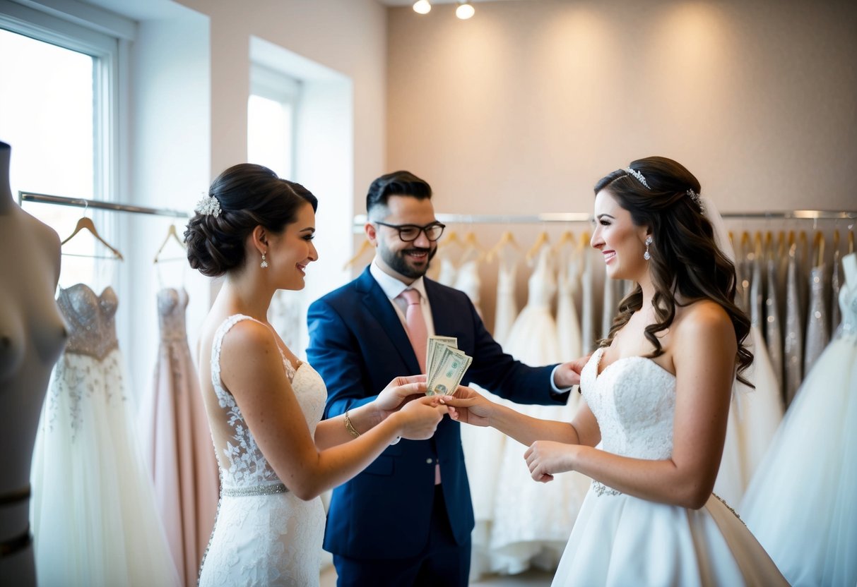 A bride handing over money to a salesperson at a bridal boutique, while pointing to a dress on display