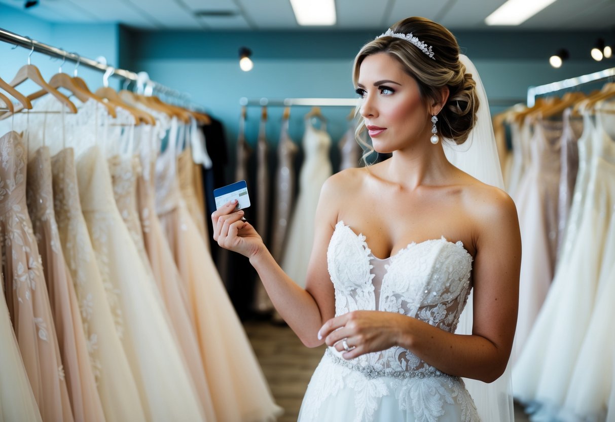 A bride holding a credit card, browsing through racks of elegant dresses in a bridal shop, with a concerned expression on her face