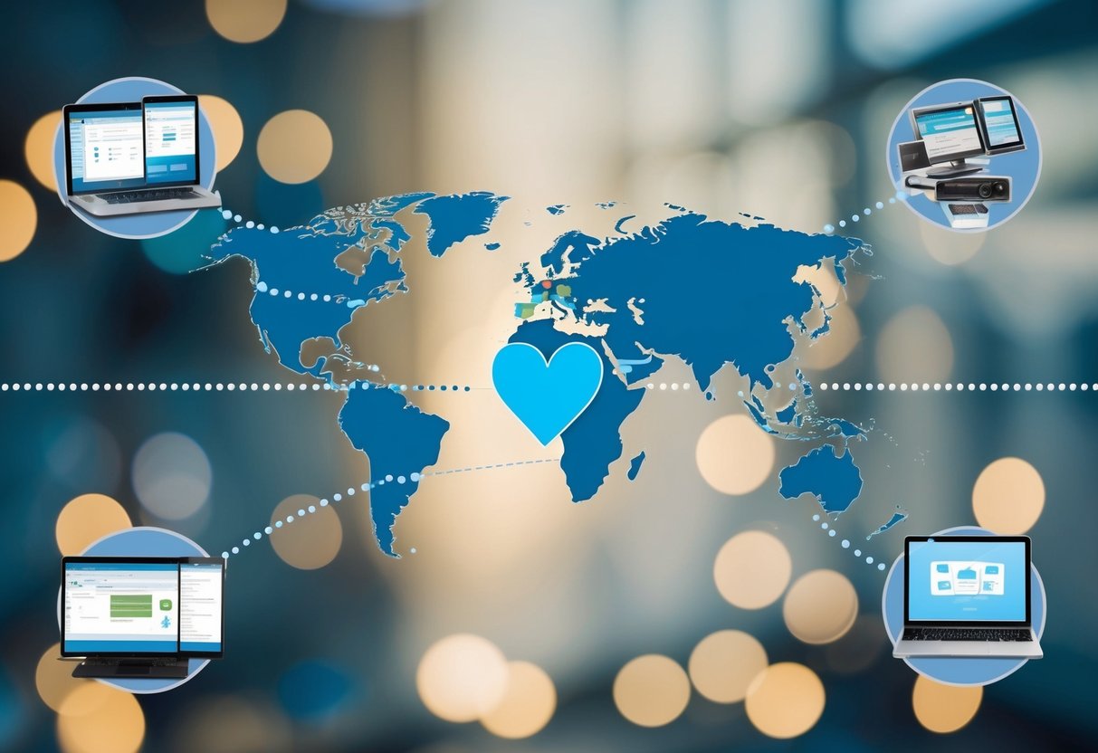 A map with two distant locations connected by a dotted line, with a heart symbol in the middle, surrounded by images of communication devices