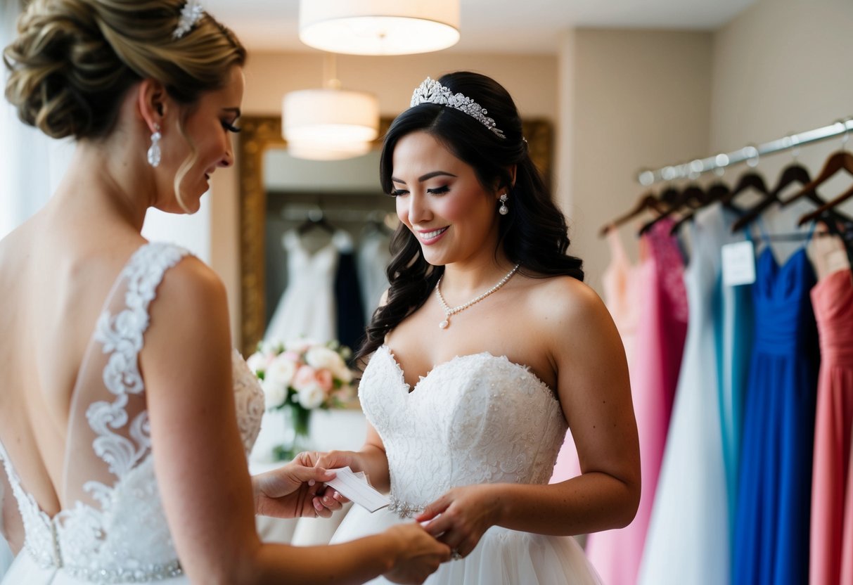 A bride carefully selects and purchases a maid of honor dress and matching accessories
