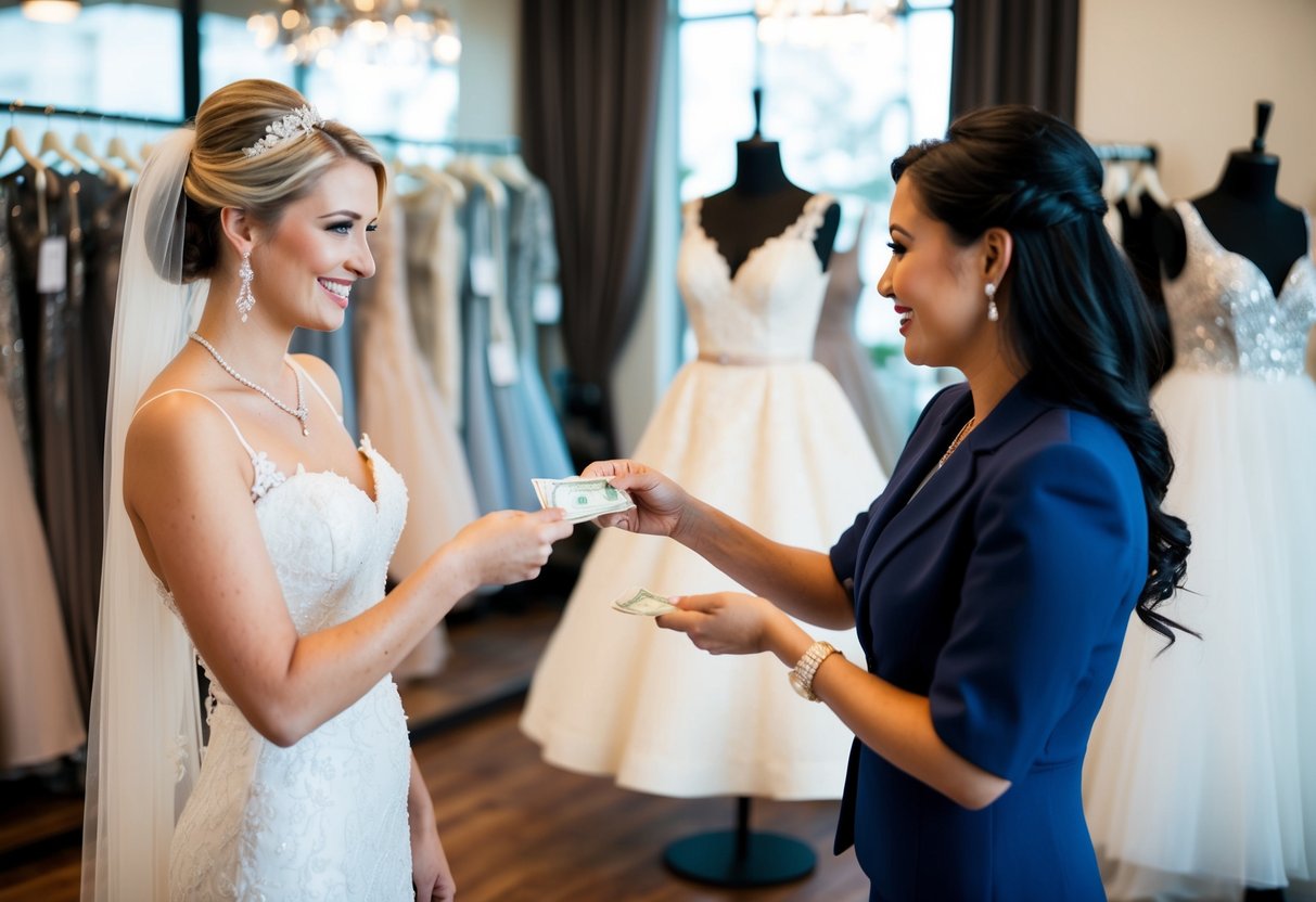 A bride handing over money to a salesperson at a bridal boutique, while pointing at a maid of honor dress on display