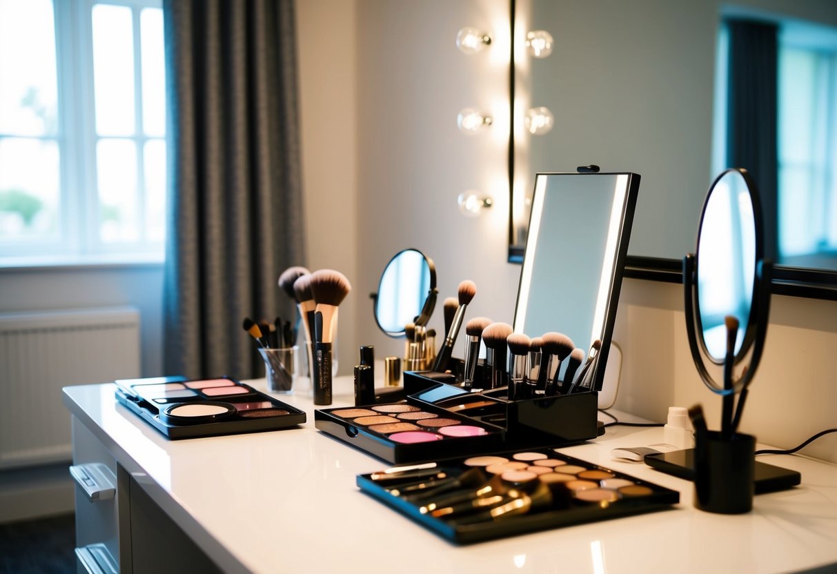 A makeup artist's station with brushes, palettes, and mirrors set up in a well-lit room, ready for the bride's pre-wedding makeup session