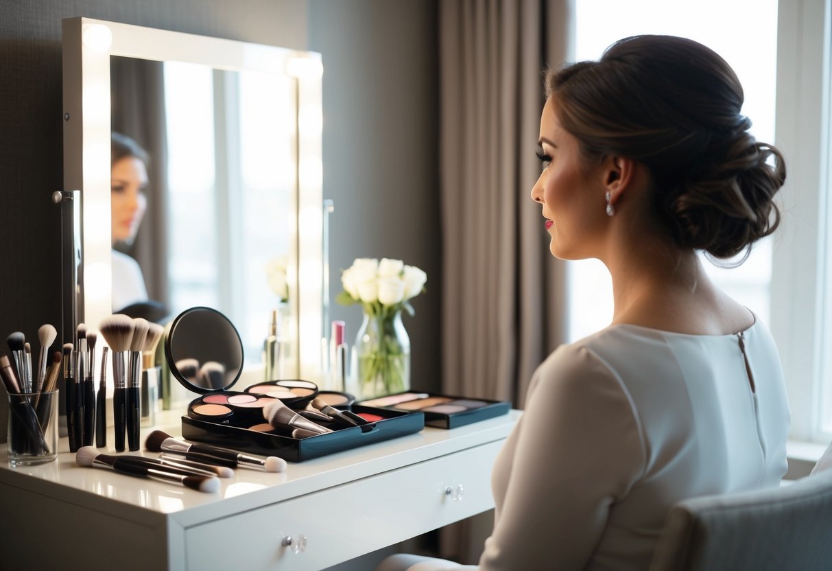 A makeup artist's table with brushes and palettes, a mirror with soft lighting, and a chair for the bride to sit in