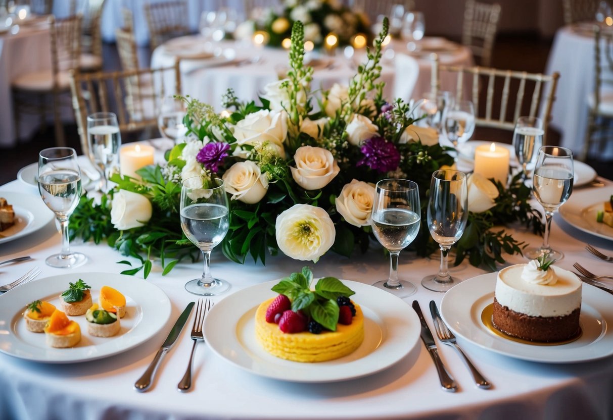 A beautifully set table with three courses: appetizer, main course, and dessert, surrounded by elegant decor and flowers, in a wedding reception setting