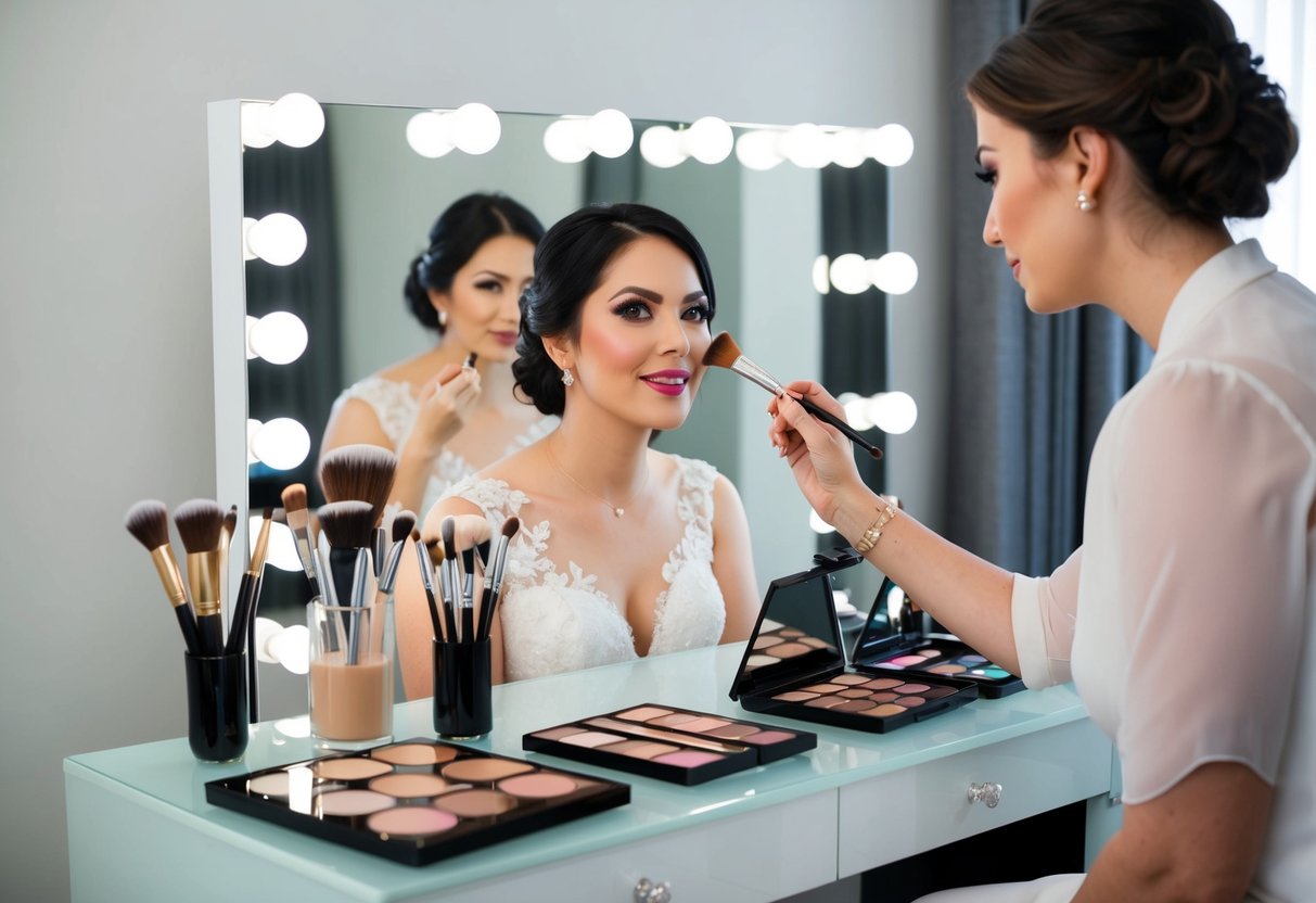 A makeup artist applies foundation and blush to a bride's face, using a variety of brushes and palettes on a clean, well-lit vanity table