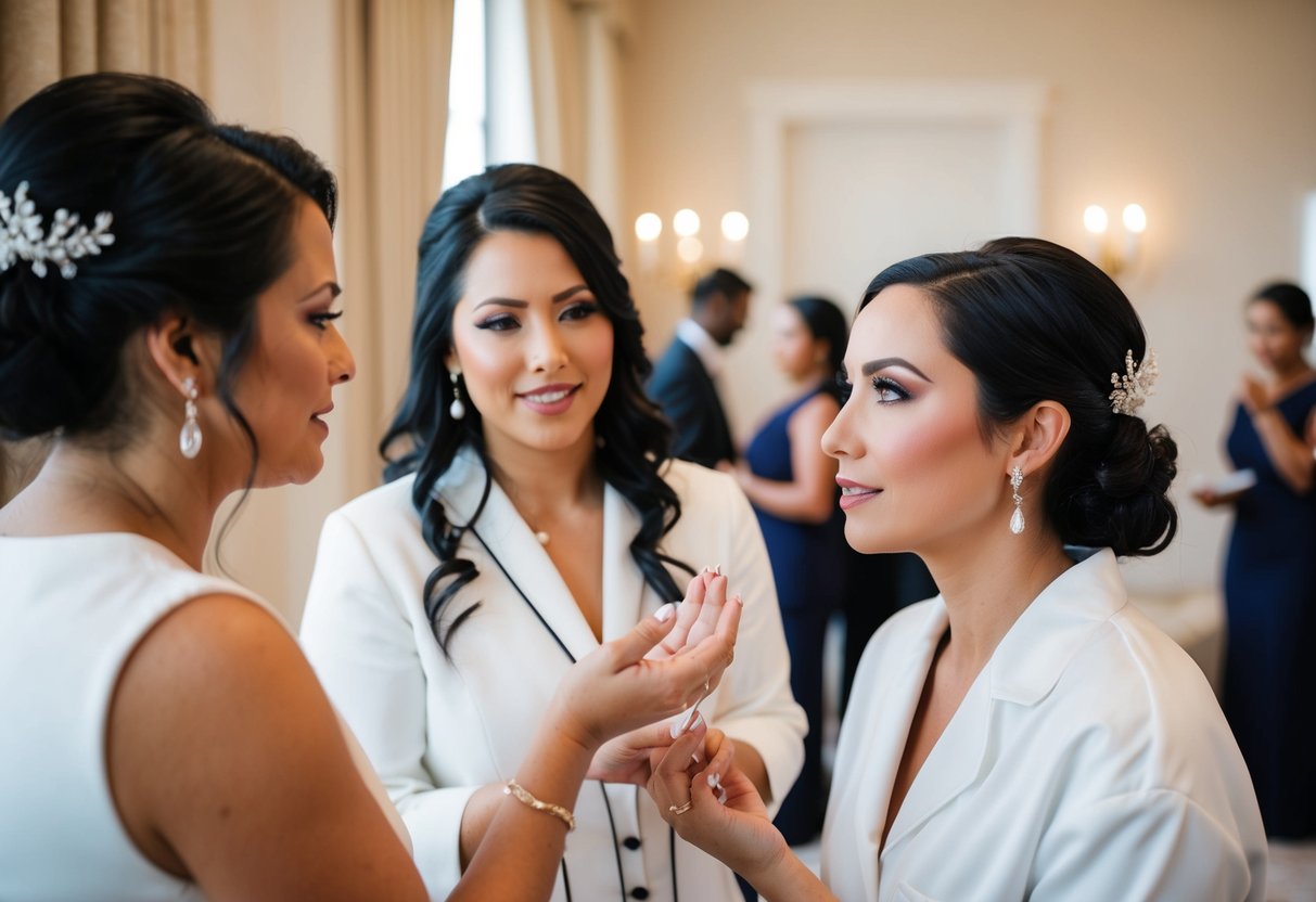 A makeup artist consulting a bride and discussing aftercare before a wedding ceremony