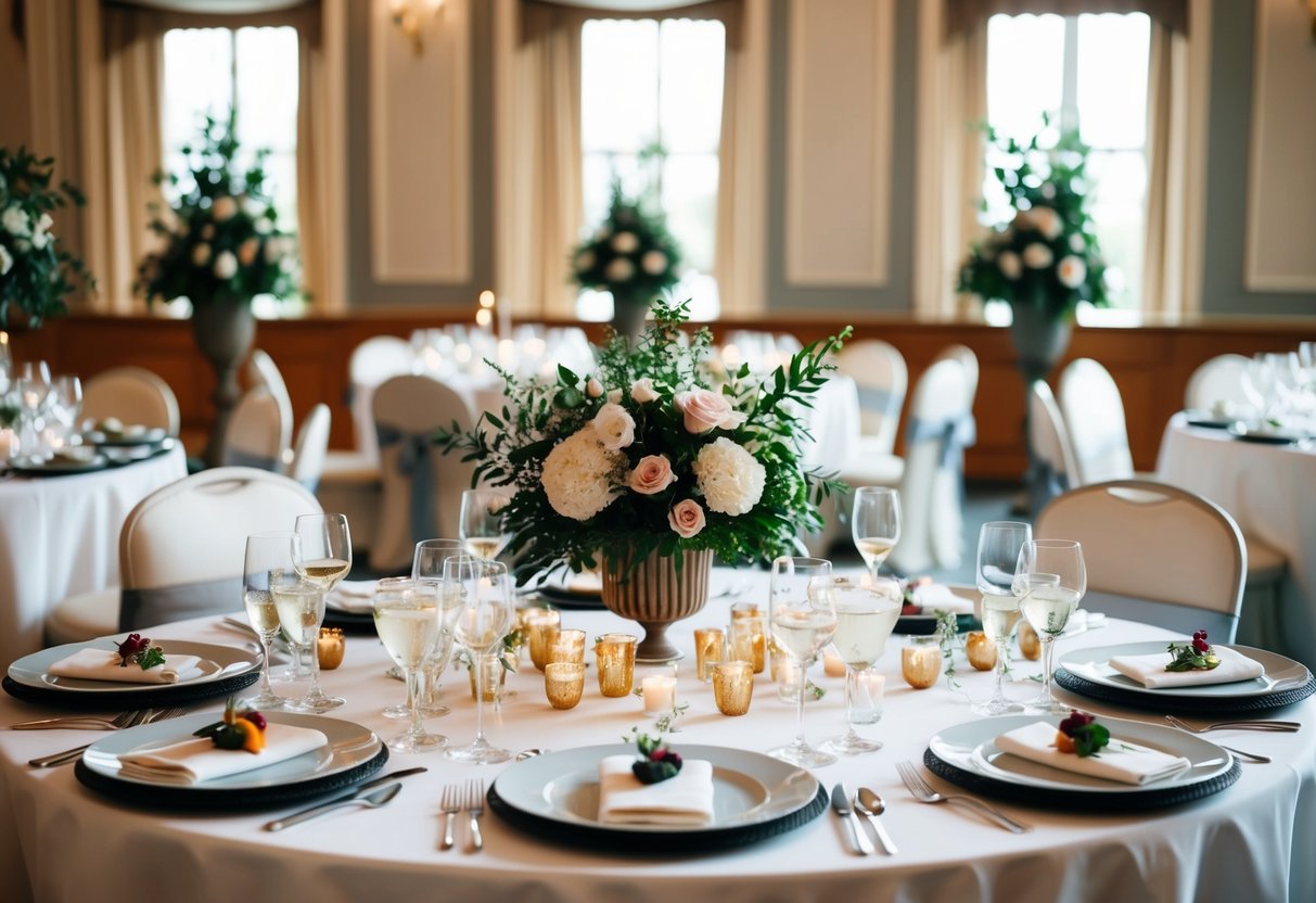 A table set with three courses: appetizer, main course, and dessert, with elegant tableware and floral centerpieces, in a wedding reception hall