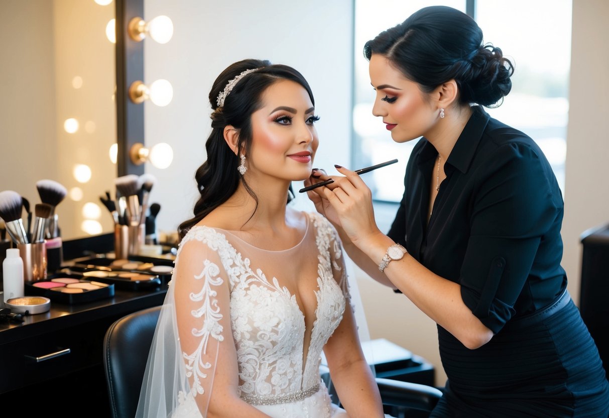 A bride sits in a chair, surrounded by makeup and hair styling tools, as a makeup artist works on her face