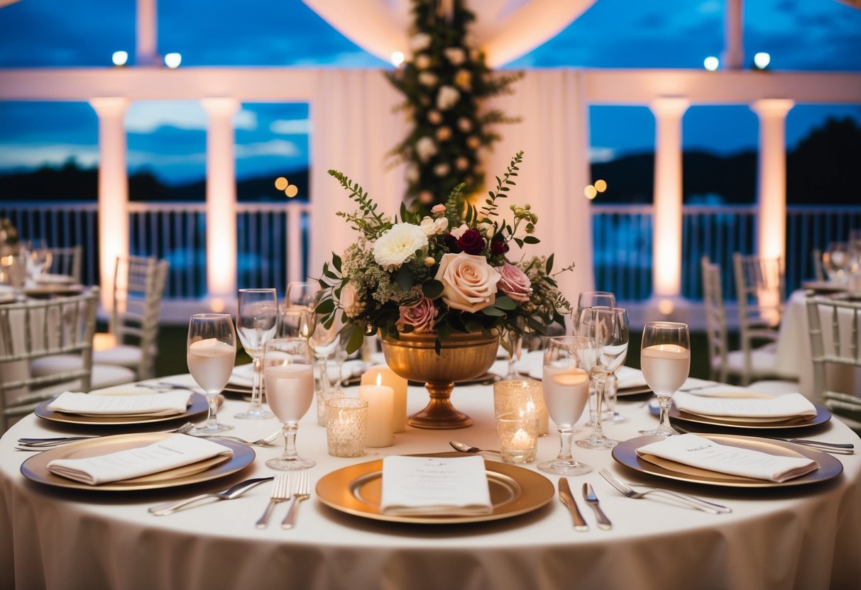 A beautifully set table with elegant place settings, a floral centerpiece, and soft candlelight, all set against a backdrop of a picturesque wedding venue