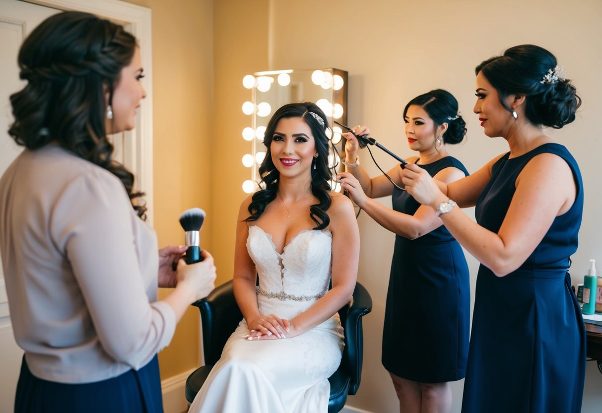 A bride sits in a chair, facing a mirror. A makeup artist works on her face while a hairstylist stands by, ready to begin styling her hair