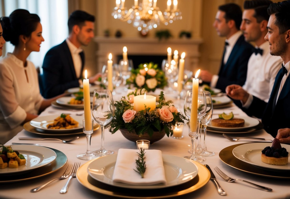 The elegant table is set with three courses: appetizer, main course, and dessert. Candles flicker, and guests converse as servers attend to each course