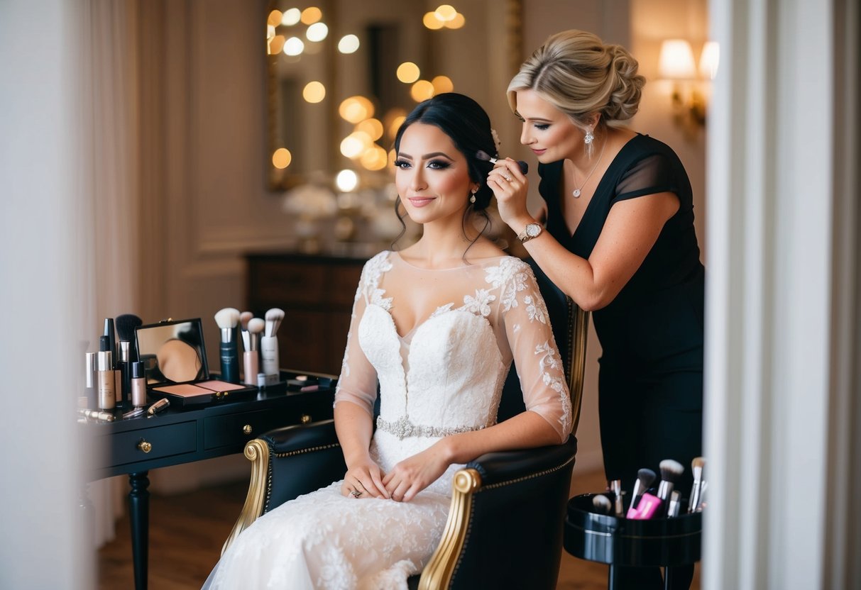 A bride sits in a luxurious chair, surrounded by a variety of makeup products and tools. A skilled makeup artist carefully applies makeup to enhance the bride's natural beauty