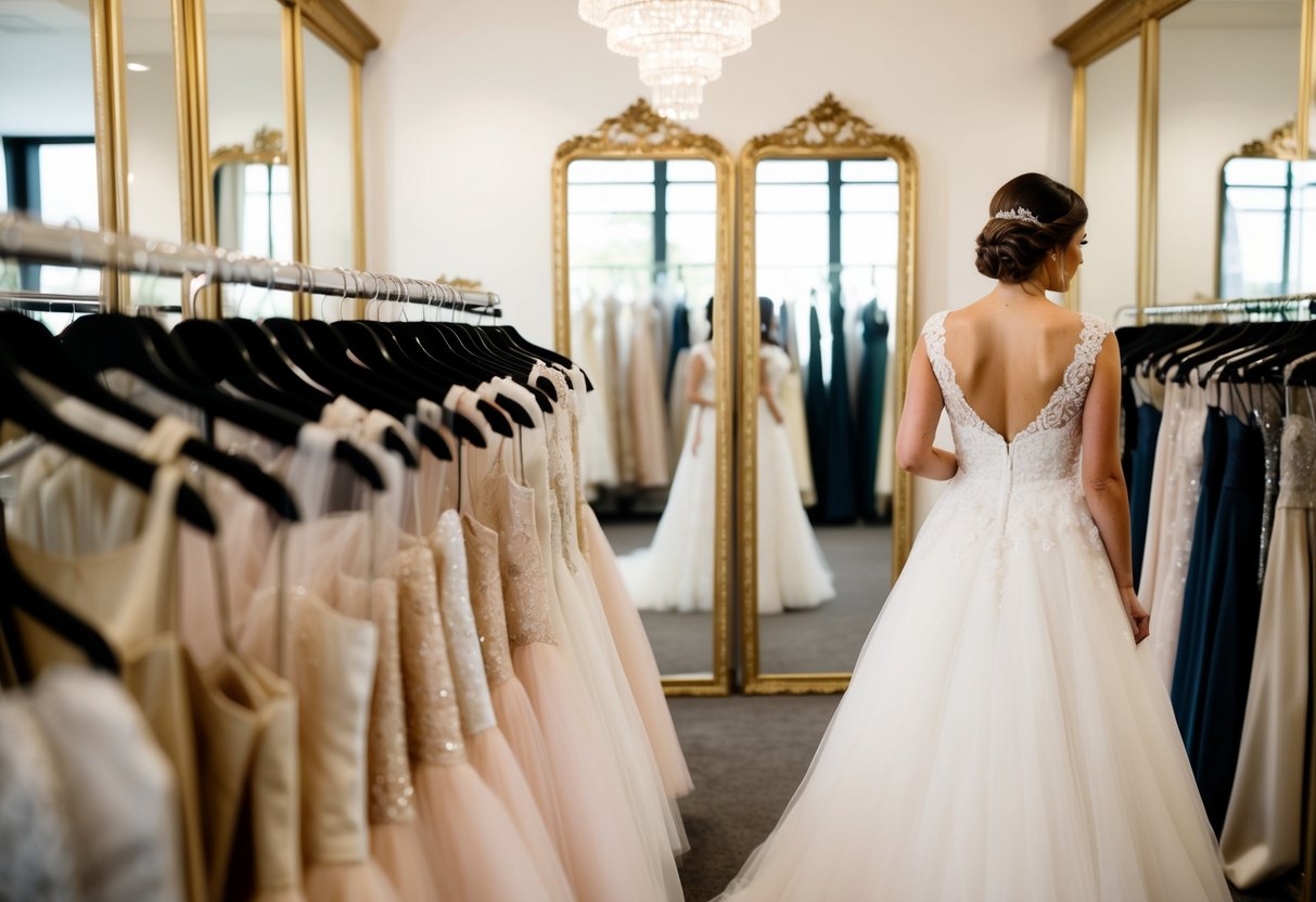 A bride-to-be browsing through racks of wedding dresses in a boutique, surrounded by mirrors and soft lighting