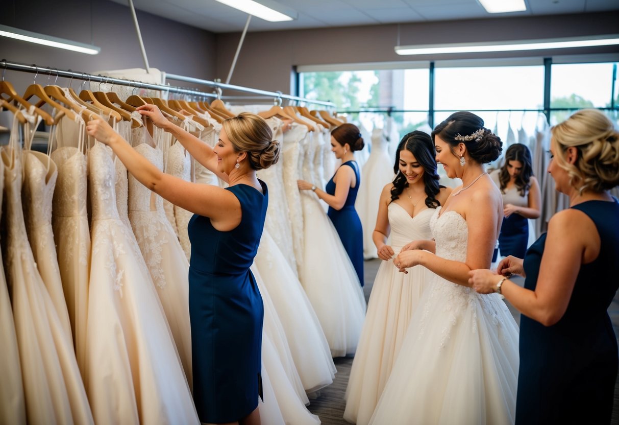 A busy bridal shop with seamstresses pinning and adjusting wedding dresses, racks of gowns, and brides-to-be trying on their altered dresses