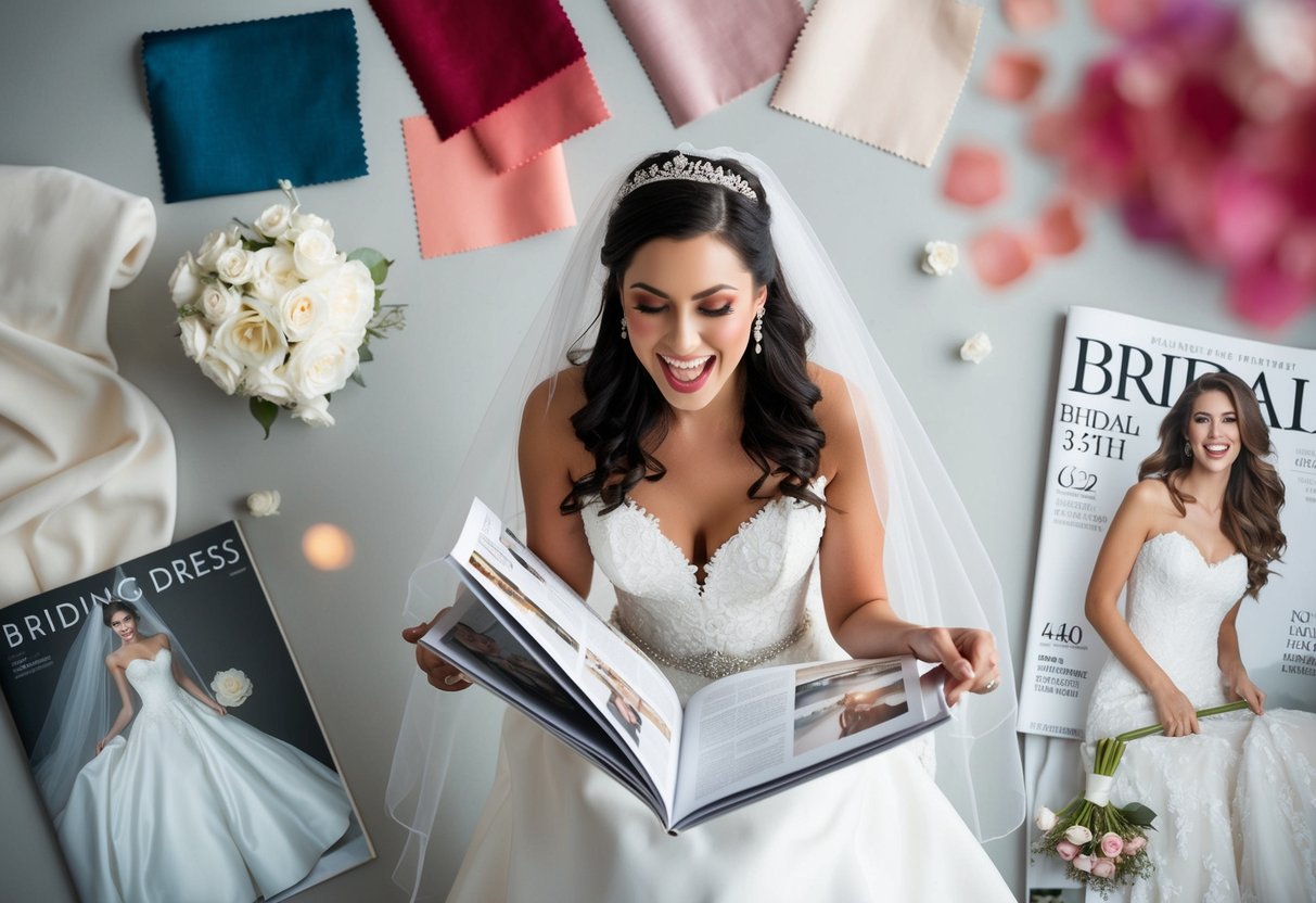 A bride-to-be eagerly flipping through a wedding dress catalog, surrounded by swatches of fabric and bridal magazines