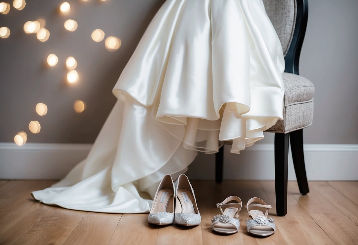 A bride's wedding dress draped over a chair with shoes and accessories laid out neatly nearby