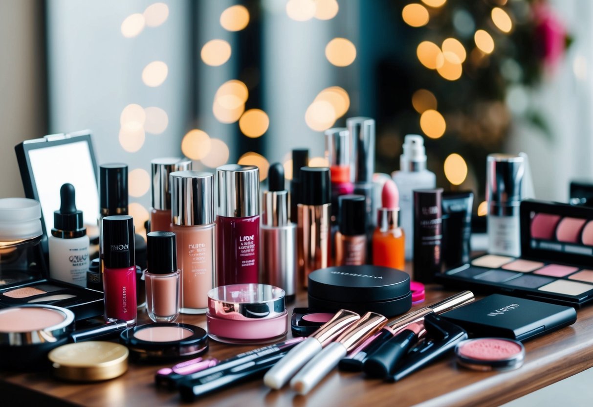 A cluttered makeup table with various beauty products neatly arranged