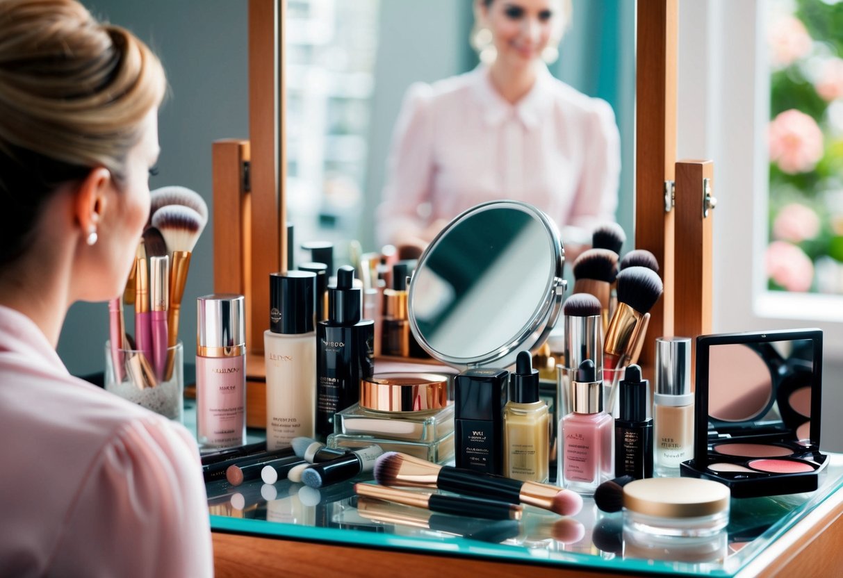 A cluttered vanity with high-end beauty products and a mirror, suggesting daily makeup application by Kate Middleton