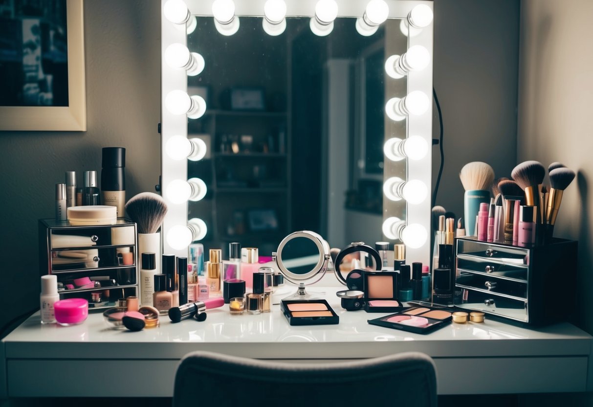 A cluttered vanity with various makeup products scattered around, a mirror with bright lights, and a chair in front of it