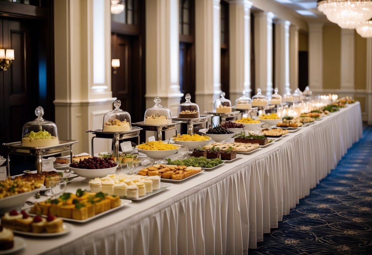 A long buffet table stretches across the room, adorned with elegant linens and filled with an array of delectable dishes and desserts
