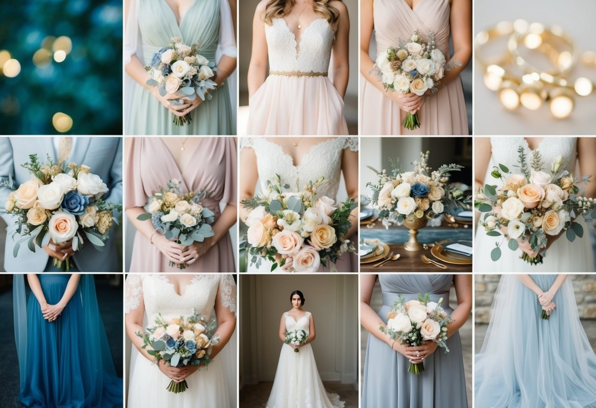 A wedding palette with soft pastels and muted neutrals, accented with pops of gold and dusty blue