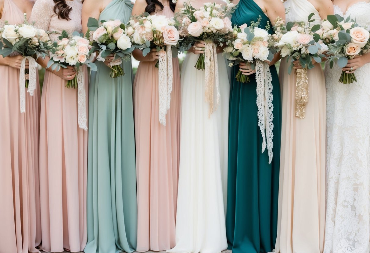 A wedding color palette with 5-7 soft, complementary hues inspired by nature - blush, sage, ivory, and gold, against a backdrop of elegant lace and floral accents