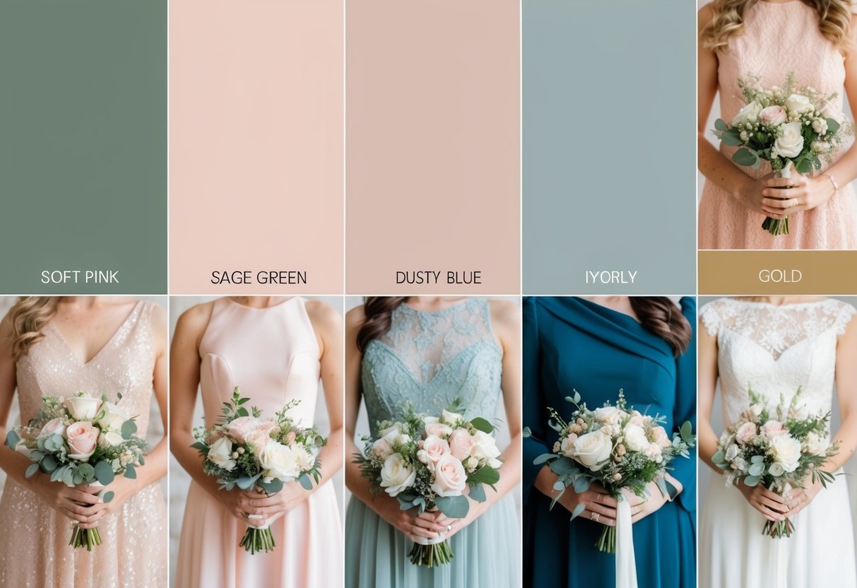 A wedding palette with 5 colors: soft pink, sage green, dusty blue, ivory, and gold