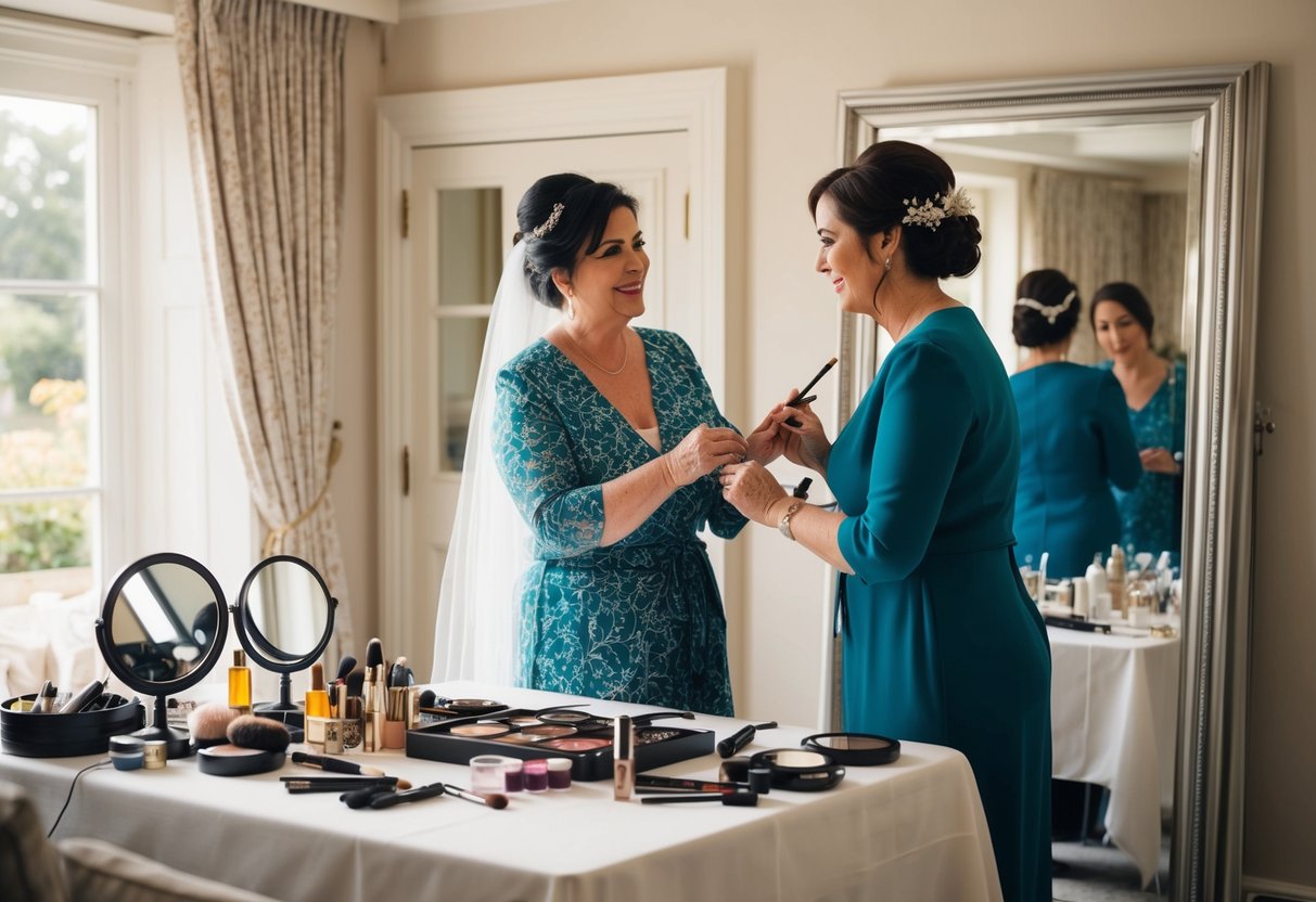 Mother and bride prepare together in a cozy, sunlit room with a large mirror and elegant makeup and hair accessories scattered on the table