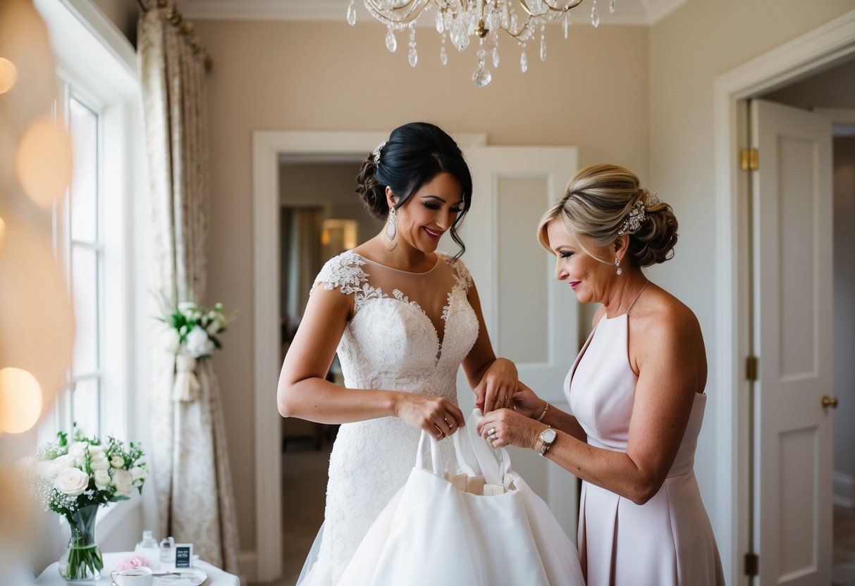 The mother of the bride helps prepare the bride's dress and accessories for the wedding day