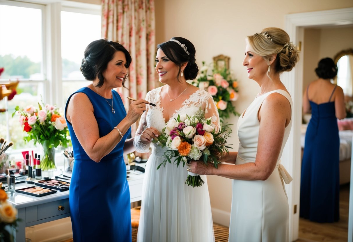 Mother and bride prepare together in a cozy, sunlit room filled with flowers, makeup, and elegant dresses