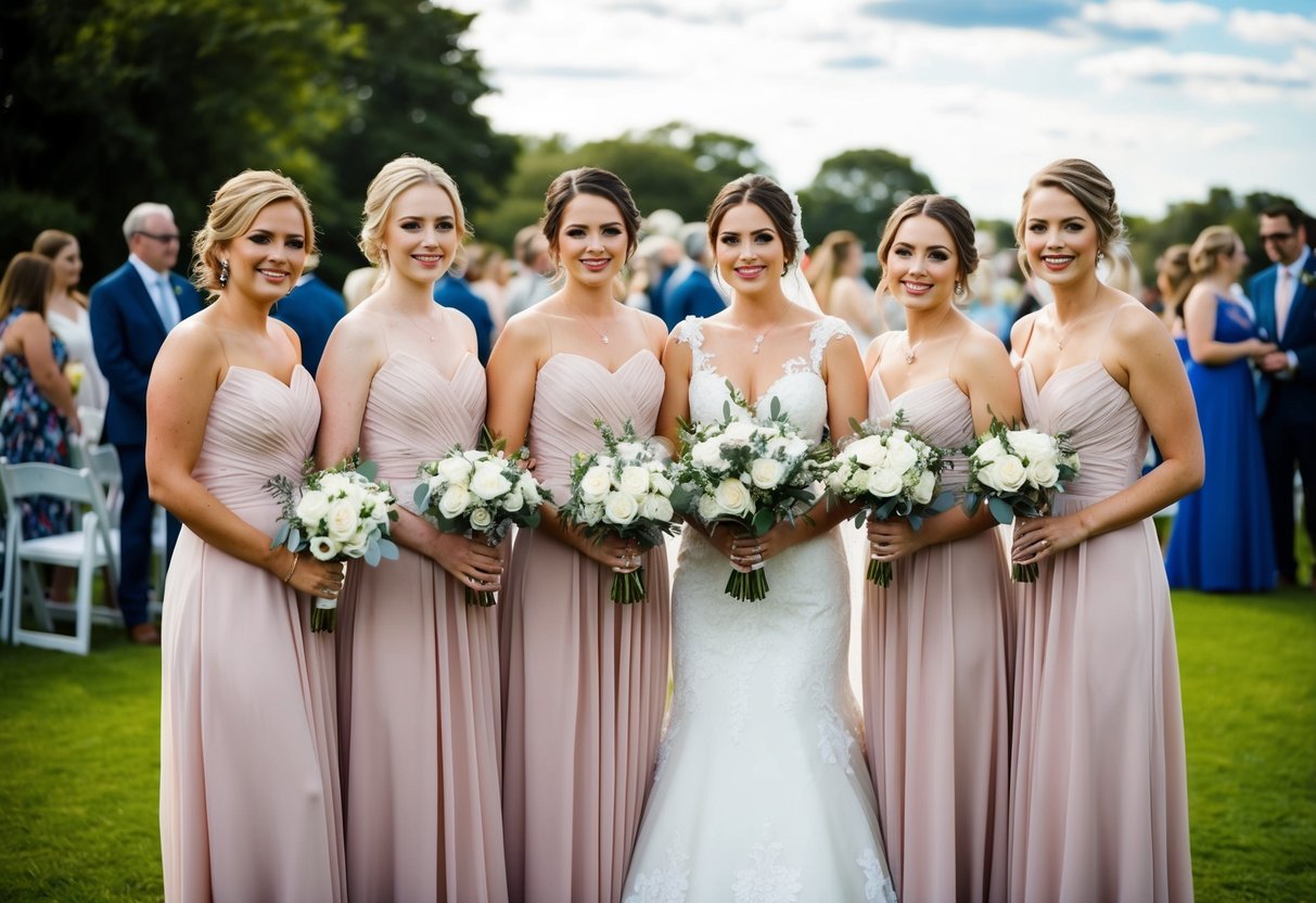 A group of 5 bridesmaids standing together at a wedding with 50 guests