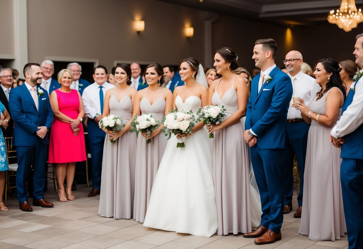 A bridal party of four, standing in a line, with a bride and three bridesmaids, surrounded by 50 guests at a wedding reception