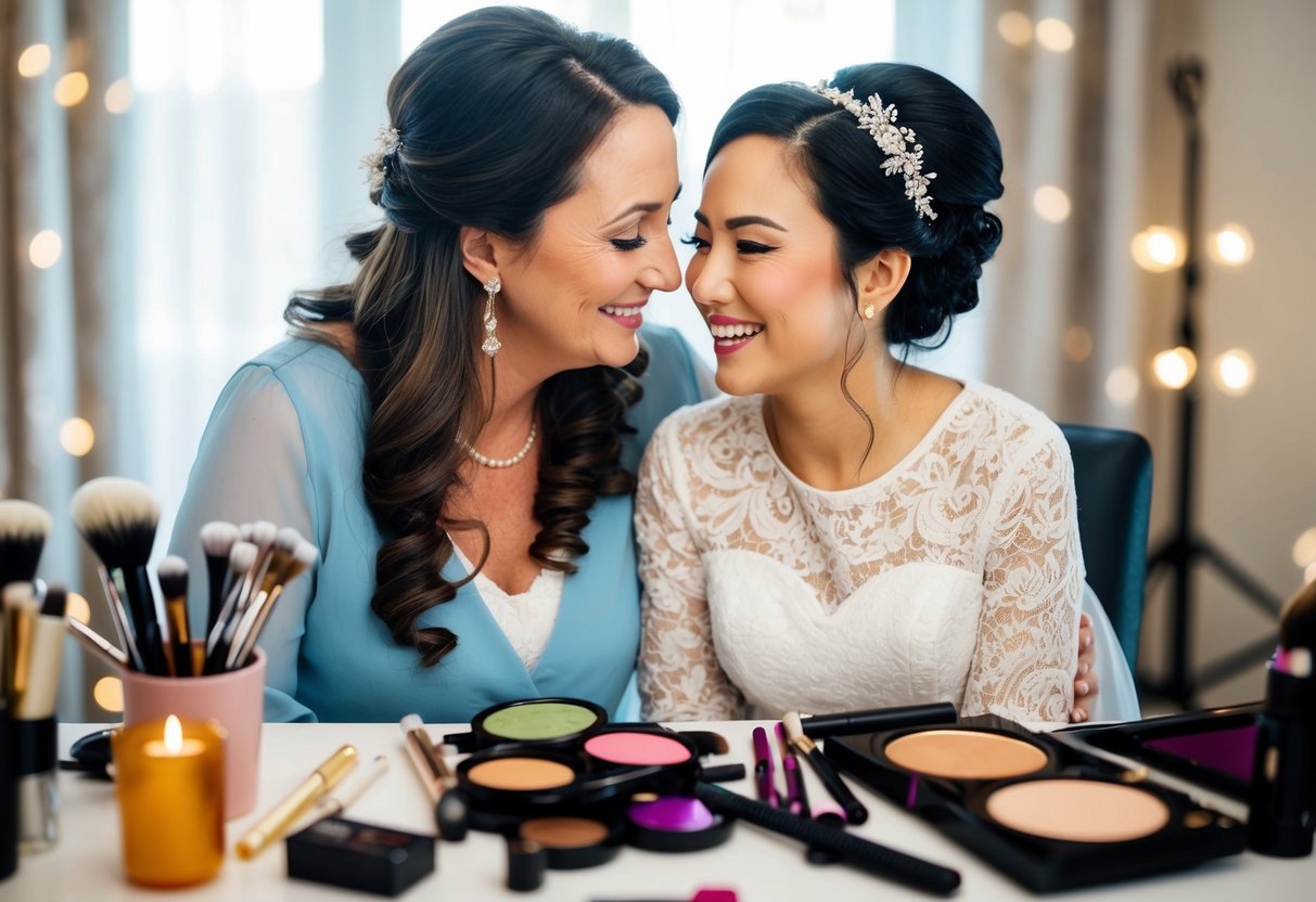 A mother and daughter sit together, surrounded by makeup and hair tools, sharing a tender moment as they prepare for the wedding