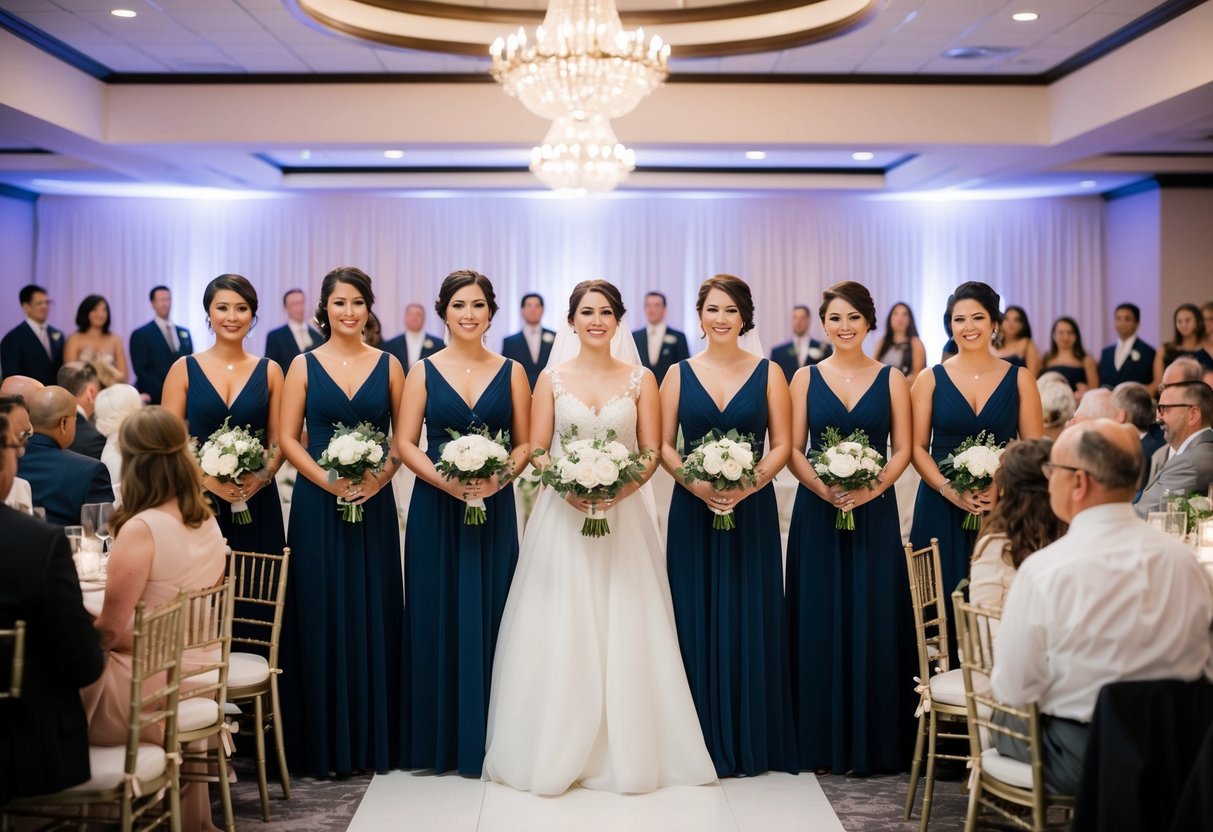 A bride and 5 bridesmaids stand in a line, holding bouquets, in front of 50 seated guests at a wedding reception