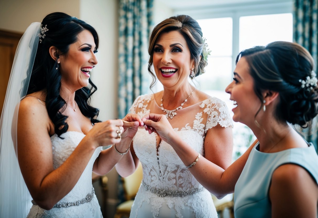 The mother of the bride helps her daughter prepare for post-ceremony activities, sharing in the joy and excitement of the special day
