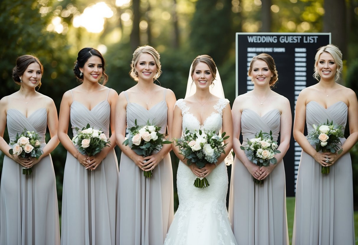 A group of bridesmaids standing in a line, holding bouquets, with a wedding guest list in the background