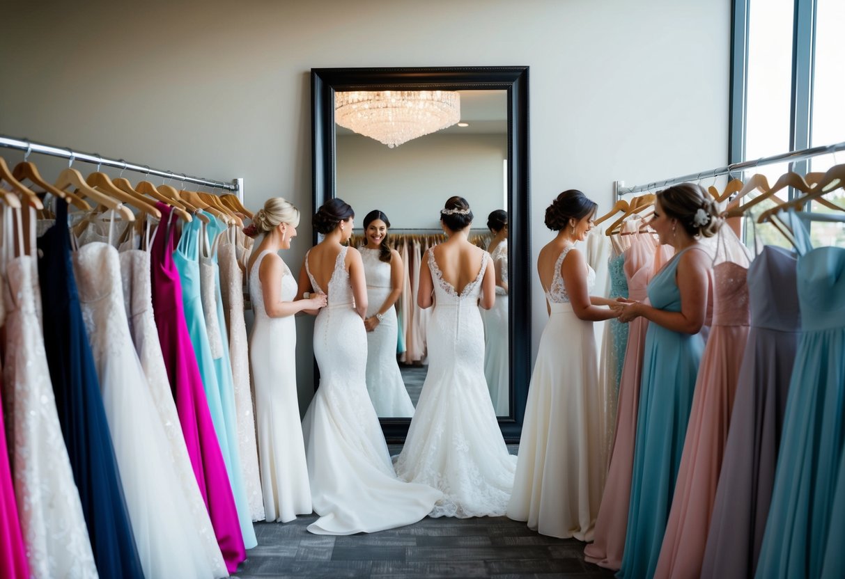 Brides surrounded by racks of dresses, trying on different styles in front of a large mirror
