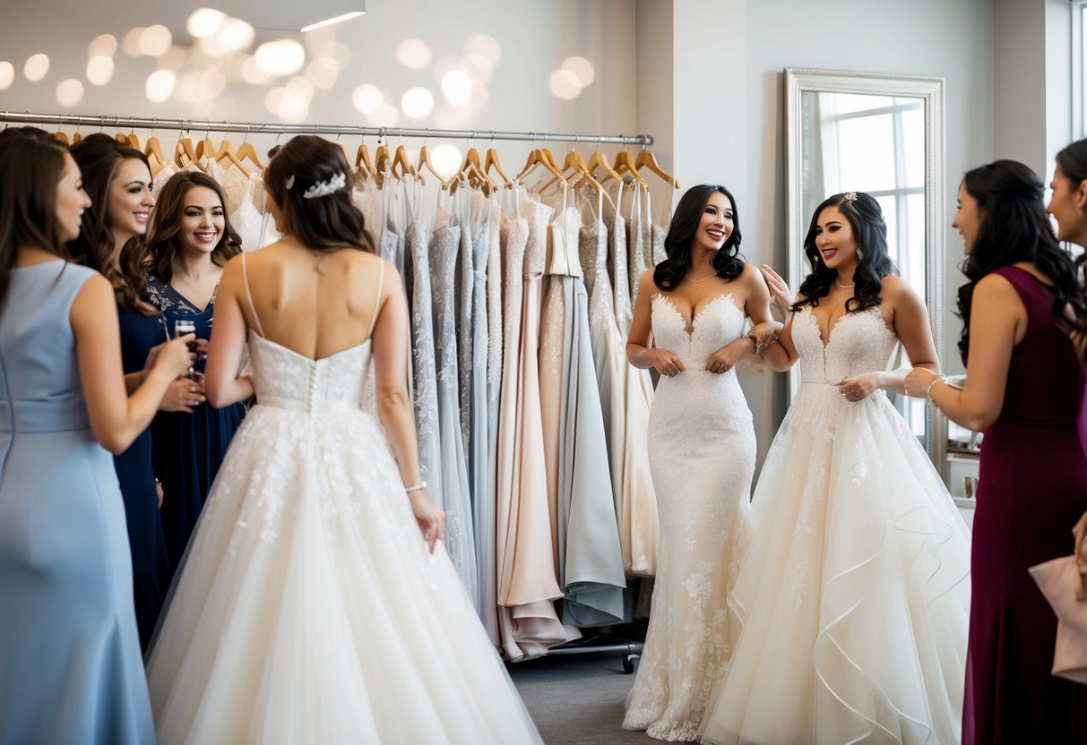 A rack of wedding dresses in a boutique, with a bride-to-be surrounded by her friends, trying on different gowns with a mirror in the background