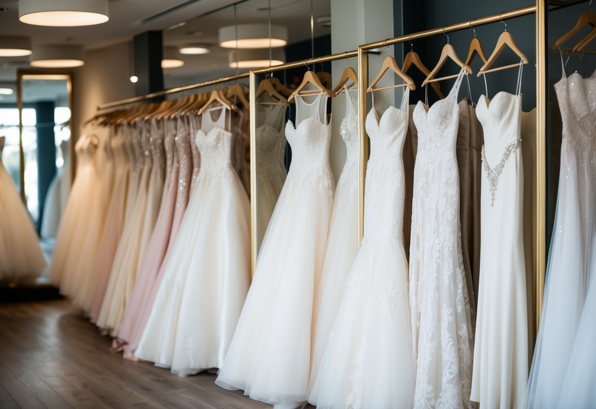 A row of elegant bridal gowns on display in a boutique, with mirrors reflecting the array of options