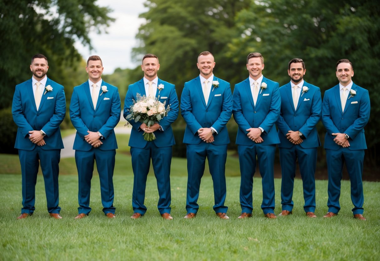 A group of groomsmen standing in a line, dressed in matching suits, with one of them holding a bouquet of flowers
