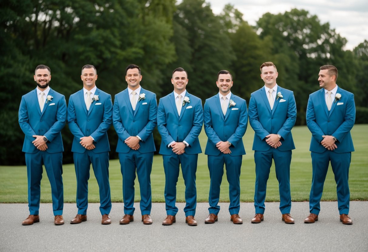 A group of groomsmen standing in a line, dressed in matching suits, with the groom in the center