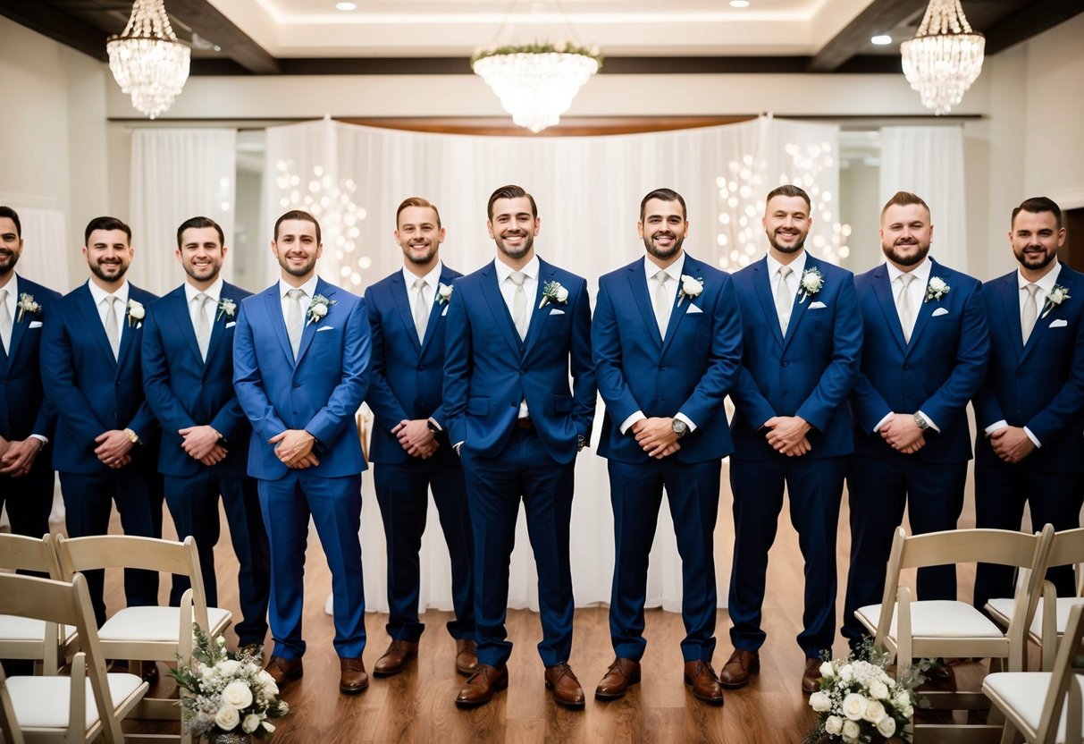 A group of groomsmen standing in a line, varying in number, with a groom in the center. The setting is a wedding ceremony or reception
