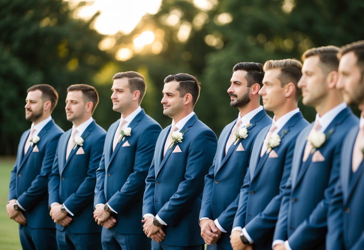A group of groomsmen standing in a line, each holding a boutonniere, with a sense of camaraderie and responsibility