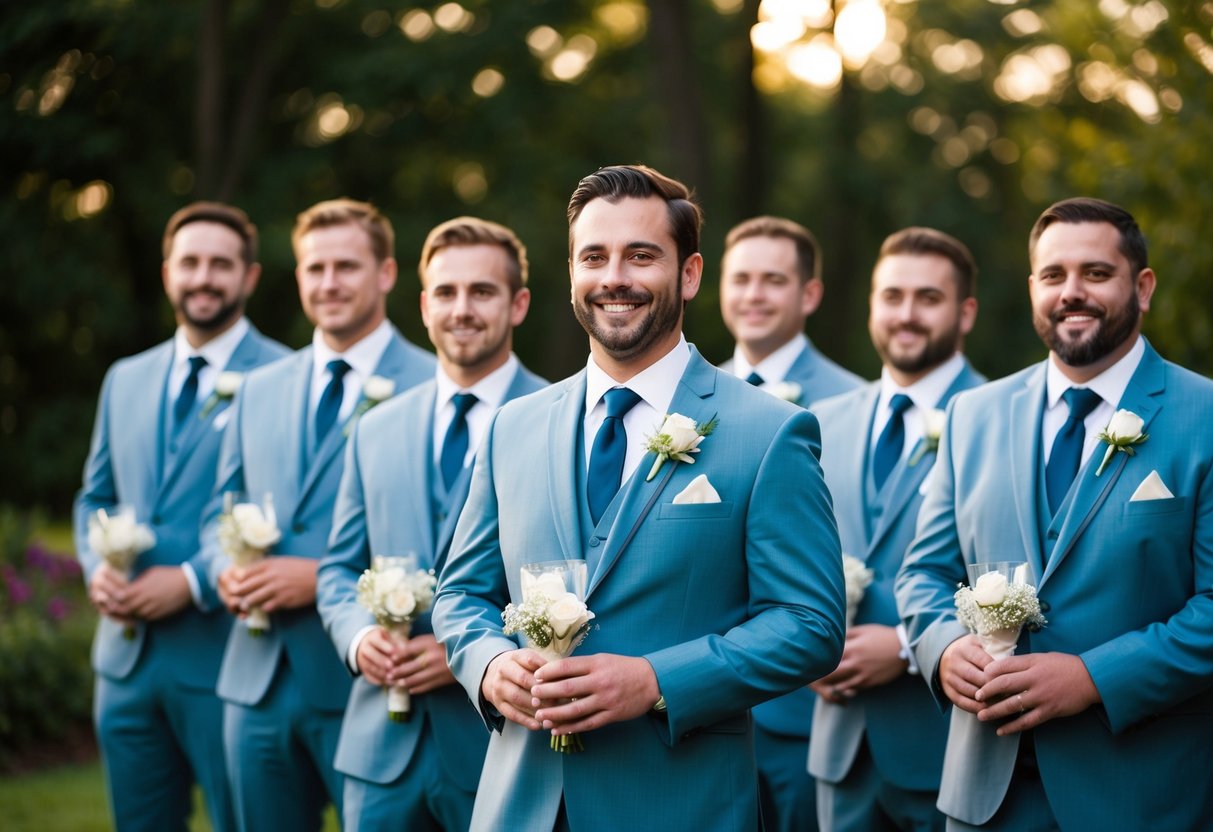 A group of groomsmen standing in a row, each holding a small gift or bouquet, smiling and facing the camera