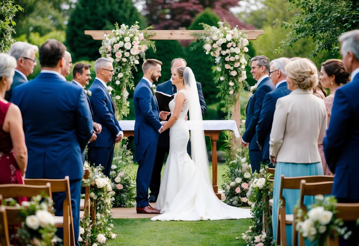 A bride and groom stand at the altar, surrounded by family and friends. The ceremony takes place in a beautiful garden, with flowers and greenery all around